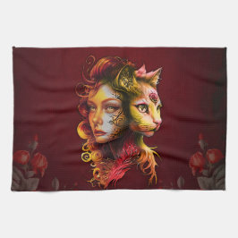 Paño De Cocina El secreto de la simbiosis de una mujer y un gato,