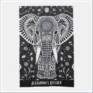 Paño De Cocina Elefante de Batik negro y blanco Boho