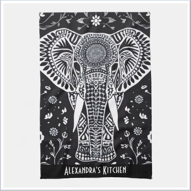 Paño De Cocina Elefante de Batik negro y blanco Boho (Subido por el creador)