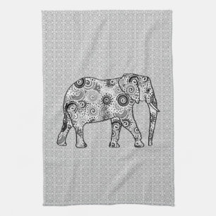 Paño De Cocina elefante de remolino fractal - gris, negro y blanc