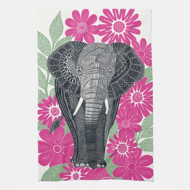 Paño De Cocina elefante folclórico rosa (Vertical)