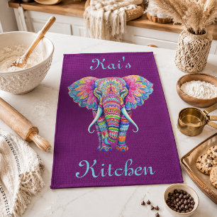 Paño De Cocina Elefante Mandala Colorido con Nombre Personalizado
