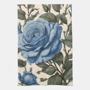 Paño De Cocina Elegancia azul: Rosas provinciales de época en flo