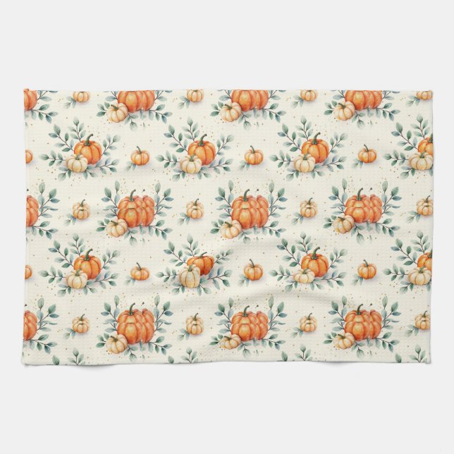 Paño De Cocina Elegant Autumn Pumpkin and Eucalyptus Watercolor  (Horizontal)