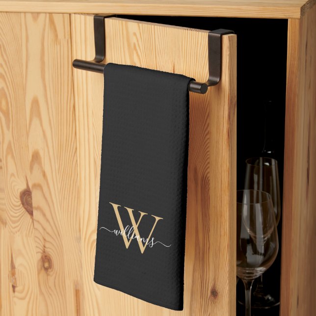 Paño De Cocina Elegant Black Gold Custom Monogram Script Name (Pliegue de tercios)