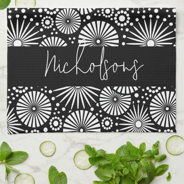 Paño De Cocina Elegant Black White Geometric Starburst Name  (Doblado)