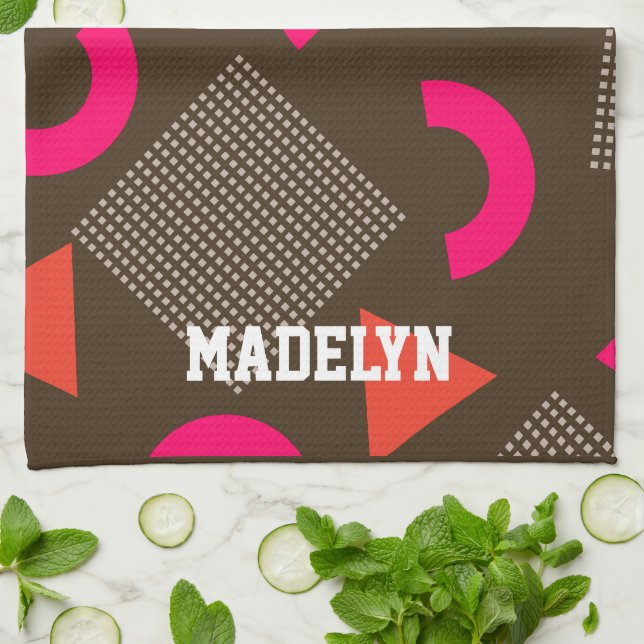 Paño De Cocina Elegant Brown Orange Geometric Personalized Name  (Doblado)