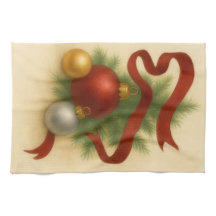 Elegant Christmas Baubles & Ribbon Tea Towel