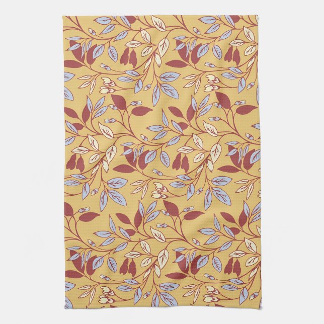 Paño De Cocina Elegant Floral Pattern with Red and Blue Leaves (Vertical)
