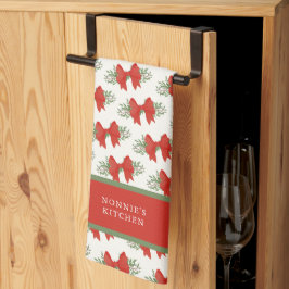 Paño De Cocina Elegant Red Bow with greenery Monogram Name
