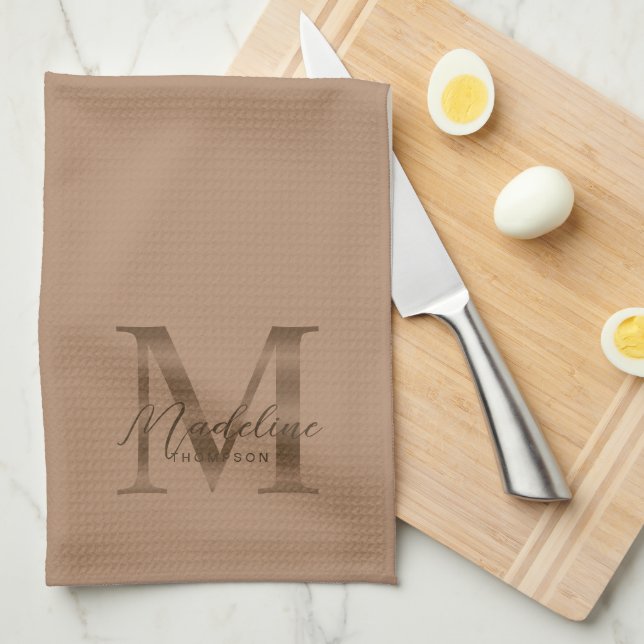 Paño De Cocina Elegant Script Metallic Taupe Gold Monogram (Doblado Cuarto)