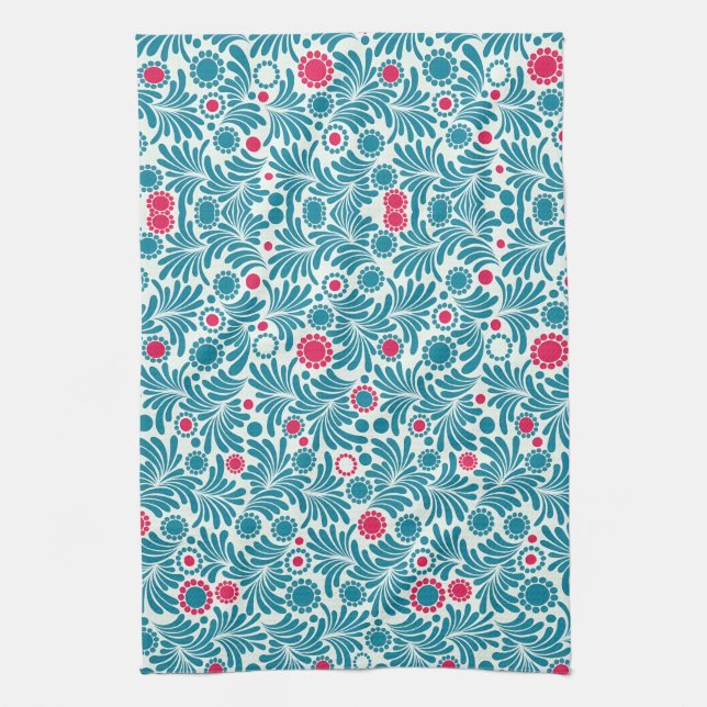 Paño De Cocina Elegant Teal and Magenta Foliage Pattern (Vertical)