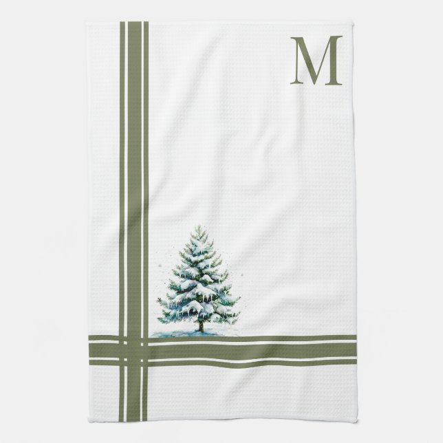 Paño De Cocina Elegante acuarela árbol de pruce nevado monogramad (Vertical)