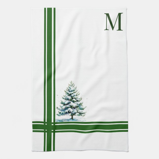 Paño De Cocina Elegante acuarela árbol de pruce nevado monogramad (Vertical)