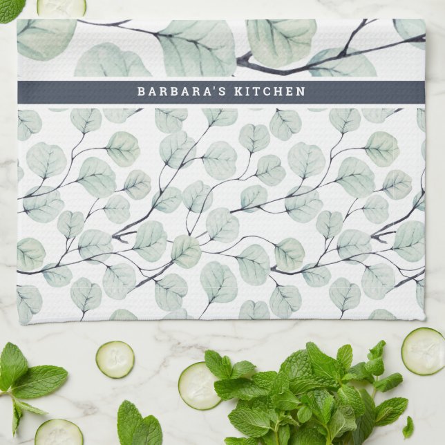 Paño De Cocina Elegante acuarela Eucalipto Monograma Botánico (Doblado)