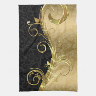 Paño De Cocina Elegante Black Damask Gold Swirls