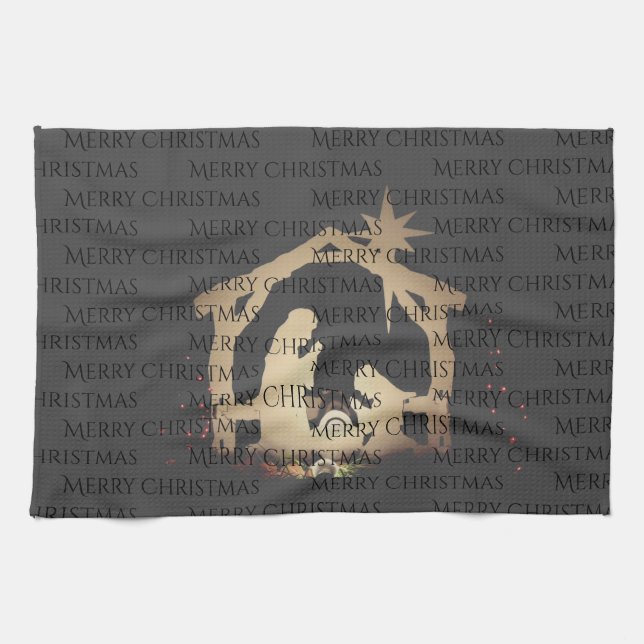 Paño De Cocina Elegante Black Silver Natividad Feliz Navidad (Horizontal)