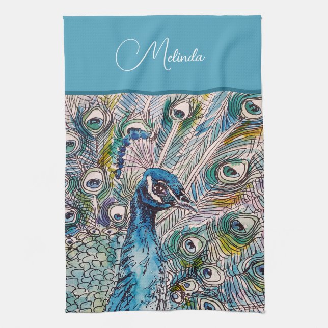 Paño De Cocina Elegante Blue Peacock acuarela Art Kids Apron (Vertical)
