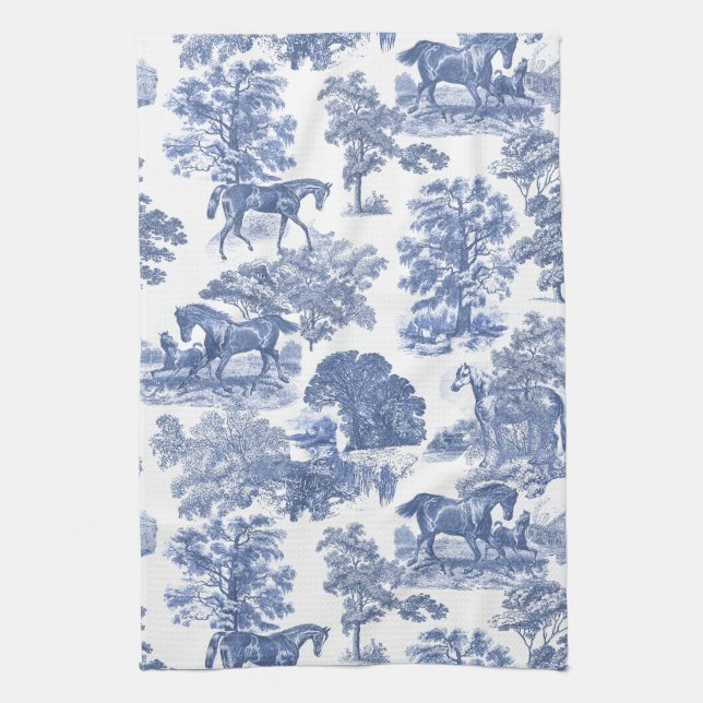 Paño De Cocina Elegante Blue White Rustic Horses Toile (Vertical)