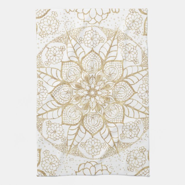 Paño De Cocina Elegante Boho White Gold Mandala Floral (Vertical)