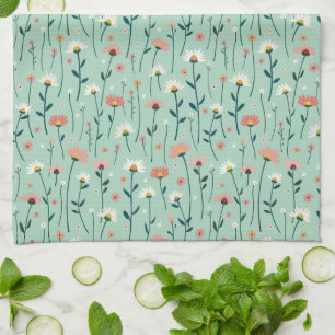 Paño De Cocina Elegante Boho Wildflower Garden Aqua Verde azulada