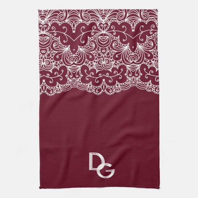 Paño De Cocina Elegante Borgoña con Iniciales de encaje blanco (Vertical)