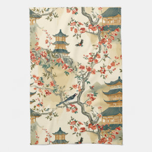 Paño De Cocina Elegante Chinoiserie - Pagodas, Flores y Aves