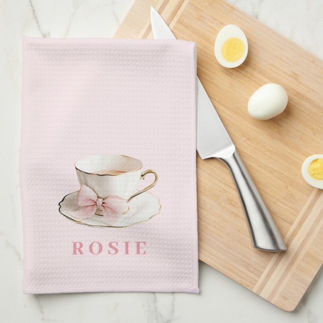 Paño De Cocina Elegante Coquette Preppy Té Rosa con Bow (Doblado Cuarto)