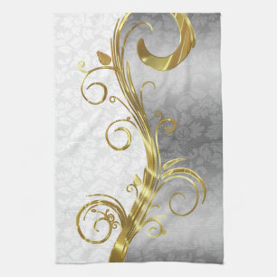 Paño De Cocina Elegante Damask White Swirls Gold Swirls