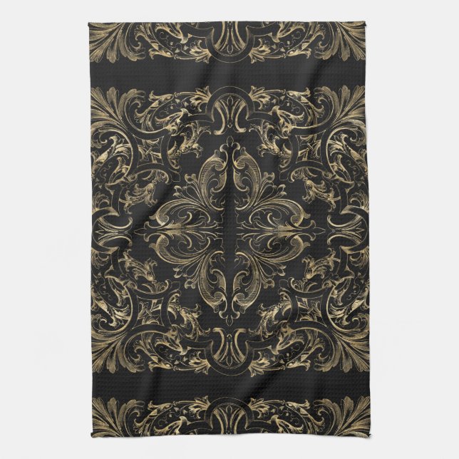 Paño De Cocina Elegante diseño Art Deco de Oro Negro (Vertical)