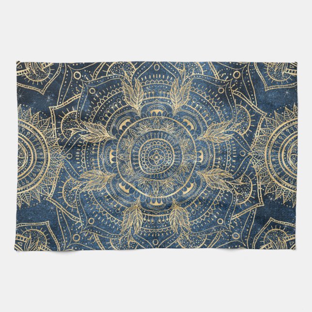 Paño De Cocina Elegante diseño dorado Mandala azul brillante (Horizontal)