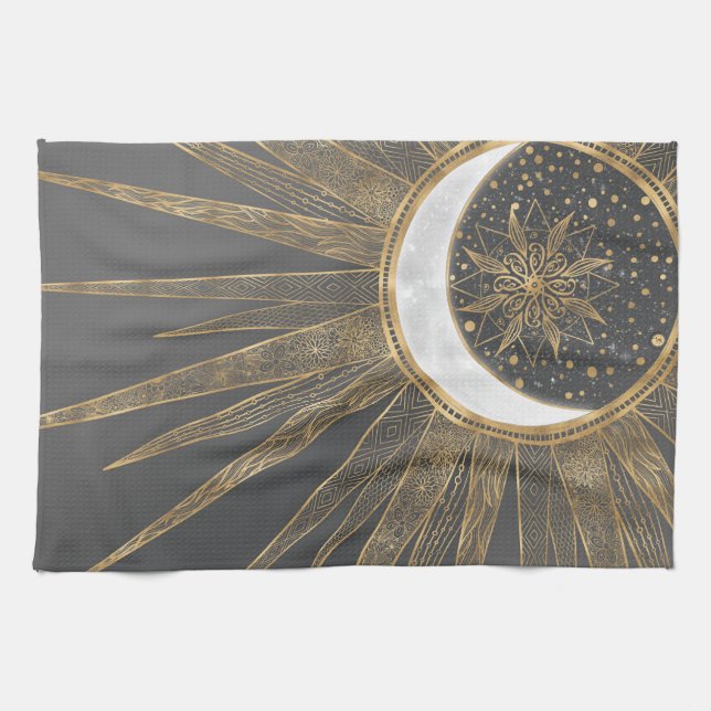 Paño De Cocina Elegante Doodles dorados Sun Moon Mandala Diseño (Horizontal)