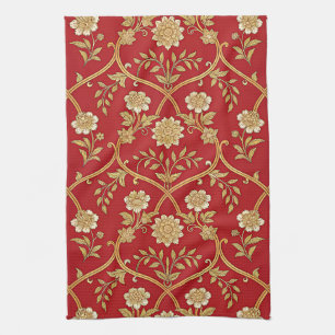 Paño De Cocina Elegante enrejado floral rojo dorado