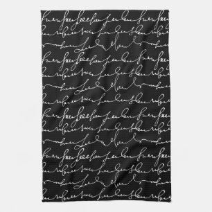 Paño De Cocina Elegante escritura cursiva, Galimatías, Blanco y n