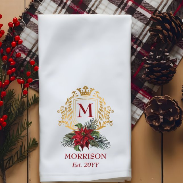 Paño De Cocina Elegante Escudo de Monograma Dorado Navidades de P (Elegant Monogram Gold-Tone Crest Poinsettia Christmas Kitchen Towel)