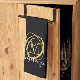 Paño De Cocina Elegante estilo Monograma Nombre de guión Negro Or