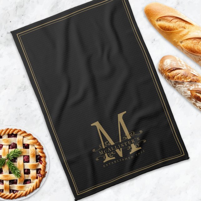 Paño De Cocina Elegante familia de Monogramas con Clásico Negro y (Elegant Black and Gold Classy Monogram Family Kitchen Towel)