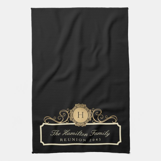 Paño De Cocina Elegante familia Reunión Monograma Dorado Negro (Vertical)