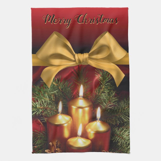 Paño De Cocina Elegante "Feliz Navidad" Dorada y Velas (Vertical)