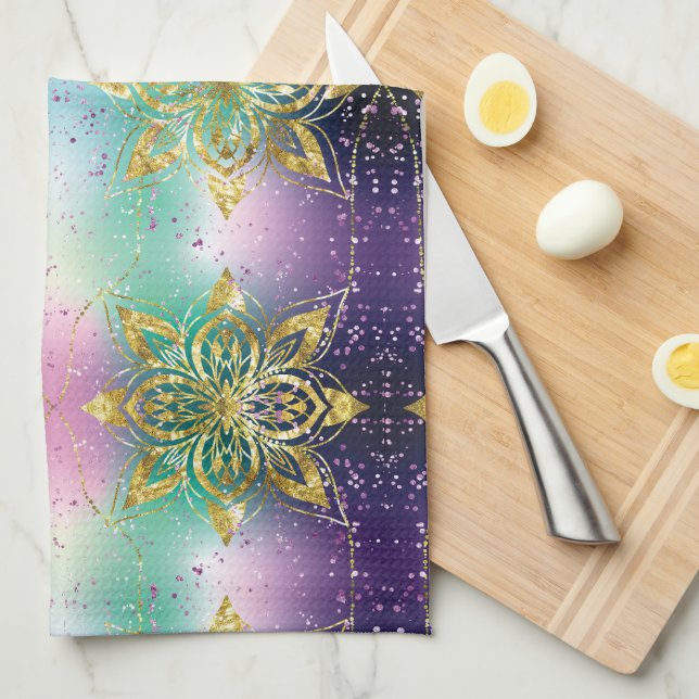 Paño De Cocina Elegante fiesta verde rosa violeta Estrellas de co (Doblado Cuarto)