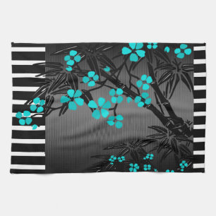 Paño De Cocina Elegante Flor de Té Azul Negro Bambú Asiático