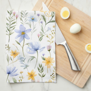 Paño De Cocina Elegante Flor Silvestre Acuarela Azul Púrpura