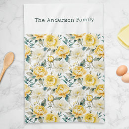 Paño De Cocina Elegante Floral Amarilla Peonía Crisantemo Persona