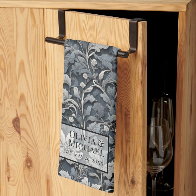 Paño De Cocina Elegante floral gris blanco plateado (Pliegue de tercios)