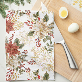 Paño De Cocina Elegante Floral Holiday Red Gold Poinsettia