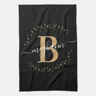 Paño De Cocina Elegante Girly Black Gold Monograma Script