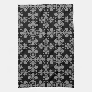 Paño De Cocina Elegante gótico fleur de lis damasco negro y gris