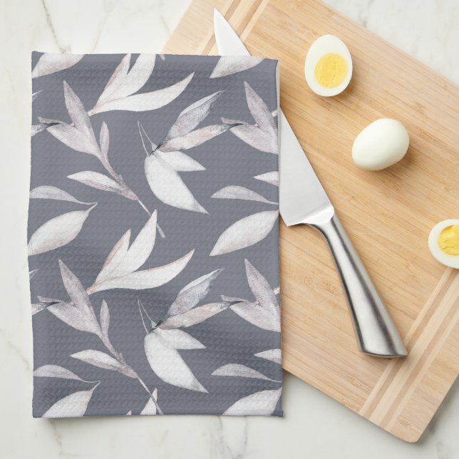 Paño De Cocina Elegante Gris Leafy Moderno Botánico (Doblado Cuarto)