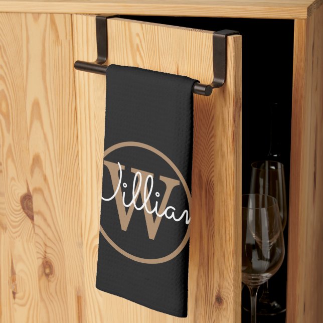 Paño De Cocina Elegante guión de monograma de oro negro (Pliegue de tercios)