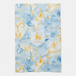 Paño De Cocina Elegante hoja azul y dorada de inspiración paisley